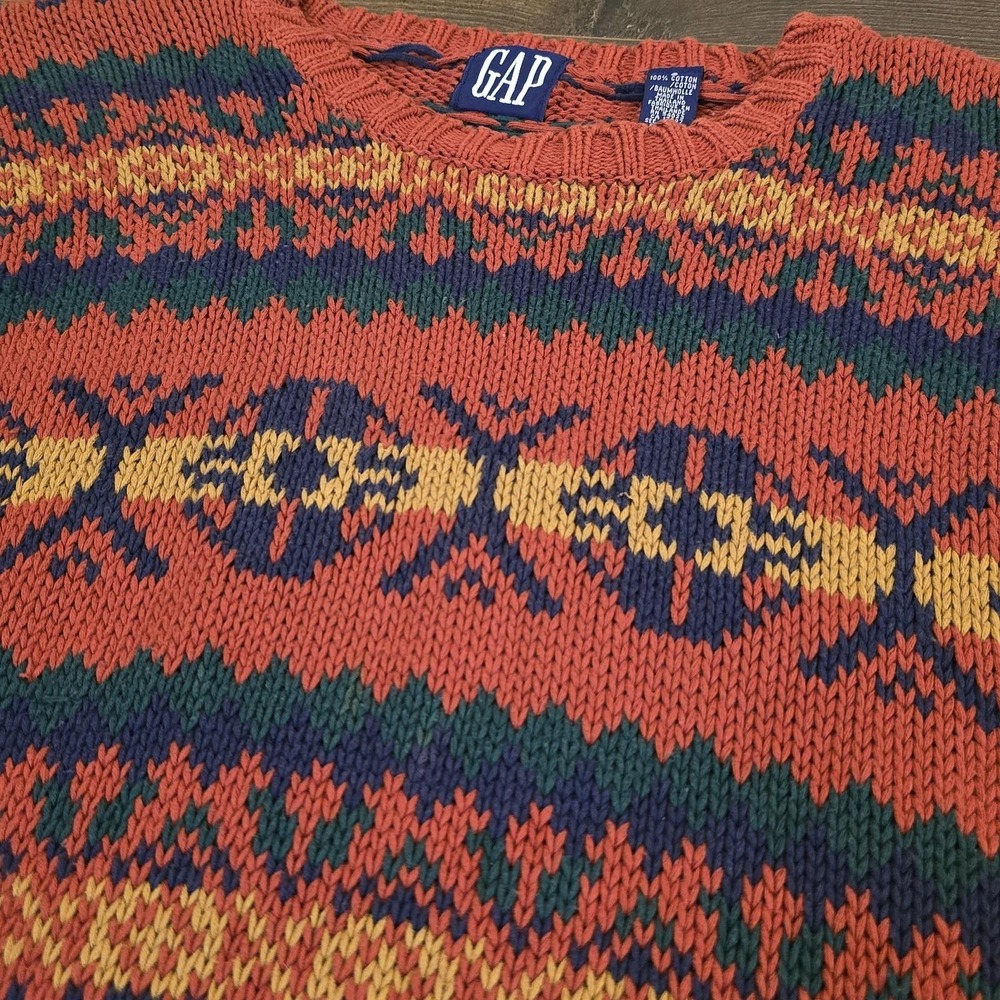 Vintage 90s Gap Red Chunky Sweater Aztec  Fisherman Small Men‎ Classic Preppy